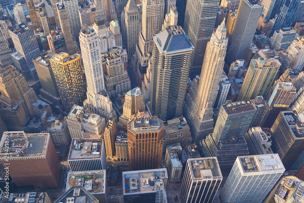 Birdseye view of lower manhattan in New York, including Wall Street