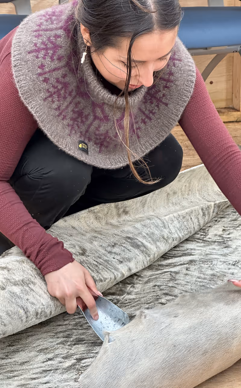 A woman treating an animal skin