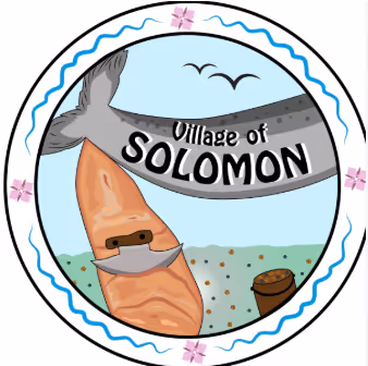 Logo of Village of Solomon with a fish tail, a canoe paddle, water, birds, and decorative border with pink flowers.