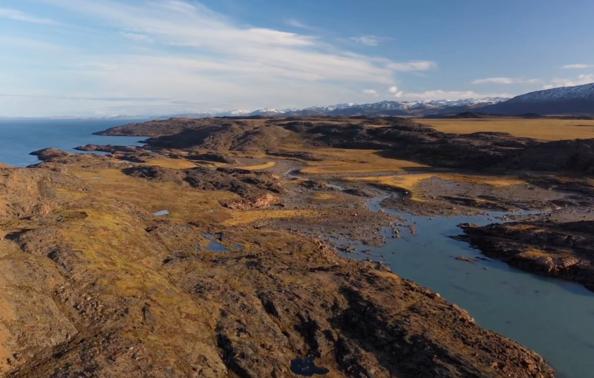 an aerial drone shot of the landscape of Nunavut