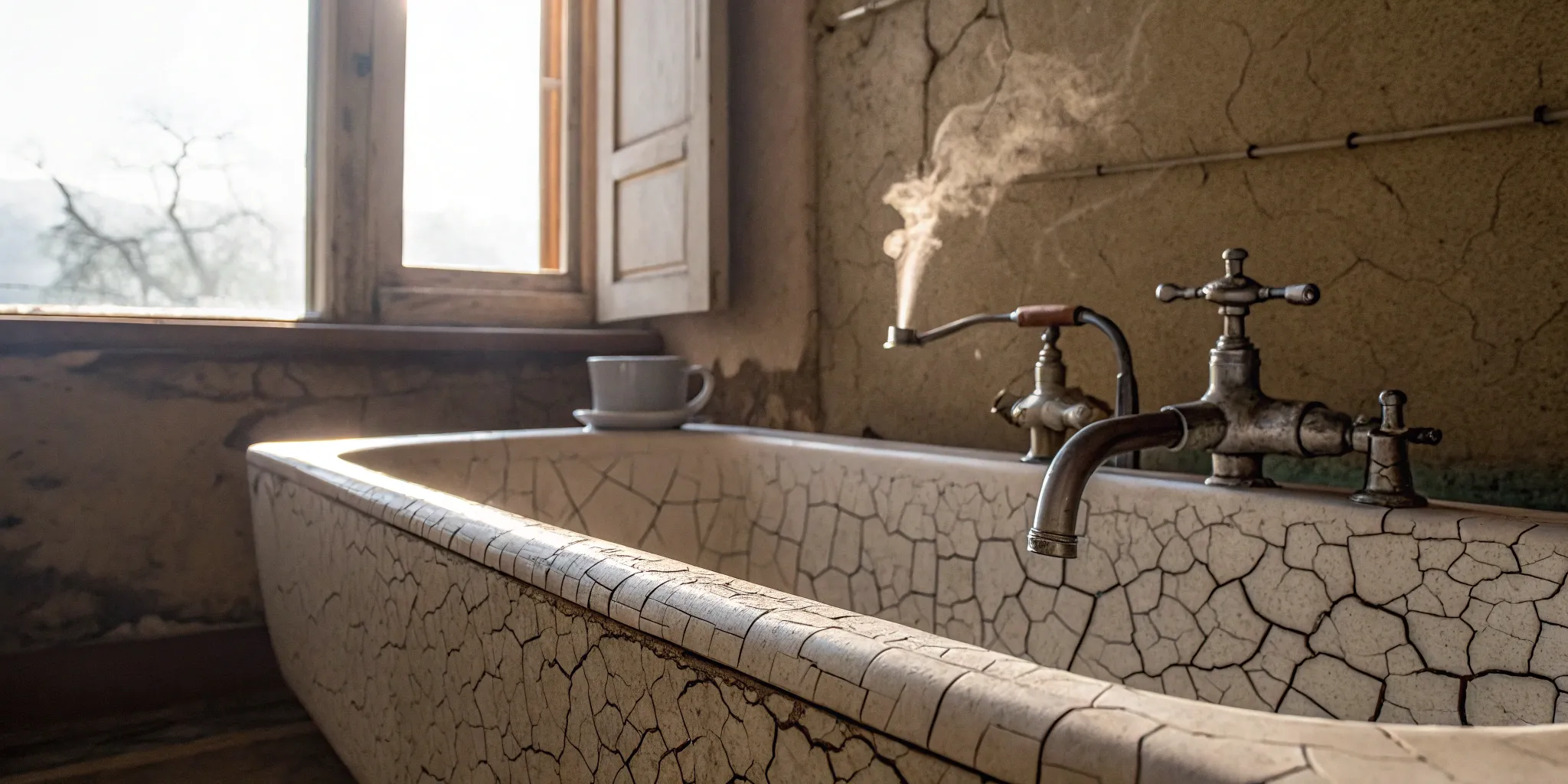 Cracked and stained bathtub in an apartment with no hot water for a week.