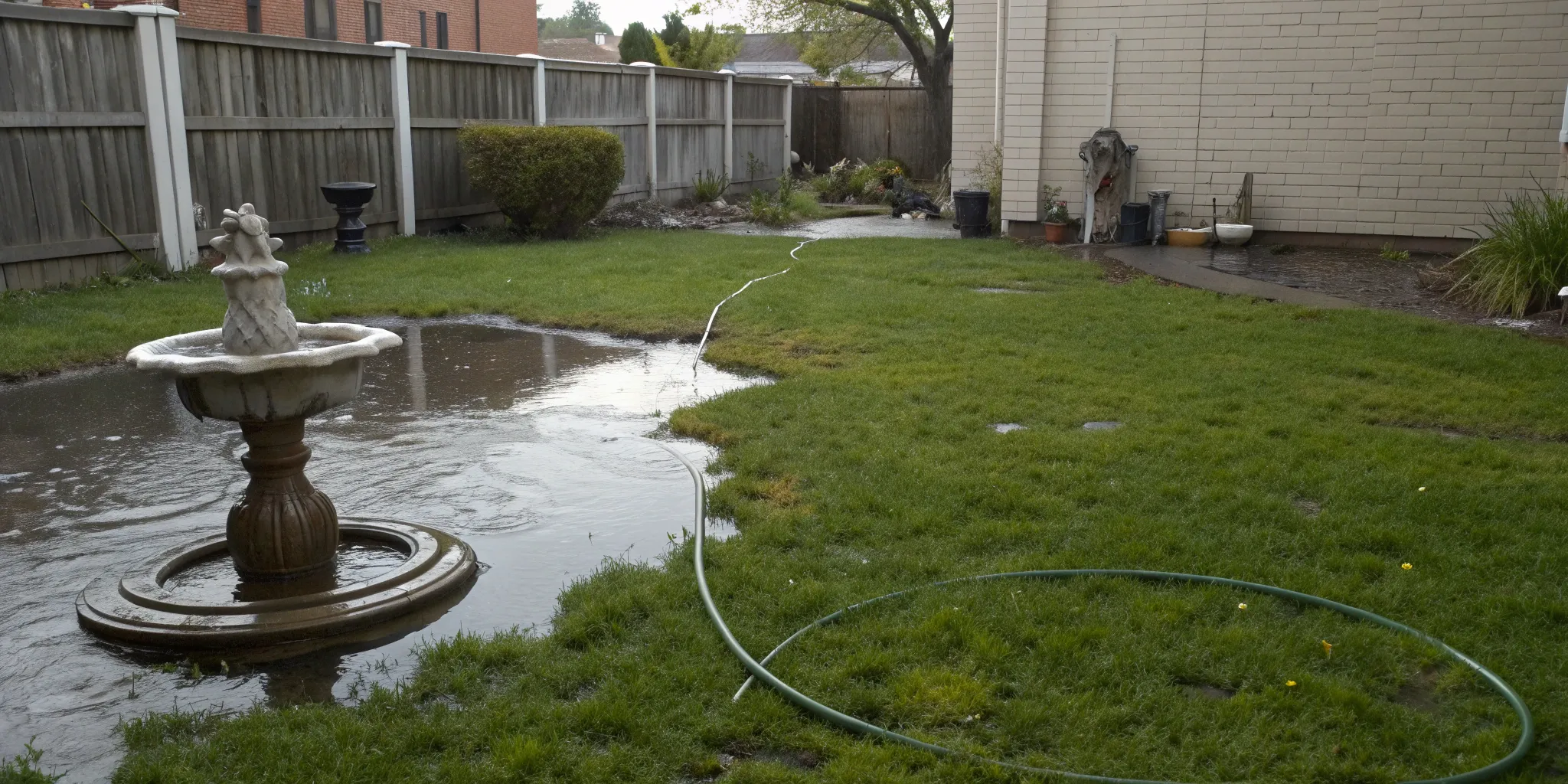 Puddles of water on a green lawn, a clear sign of a burst pipe underground.