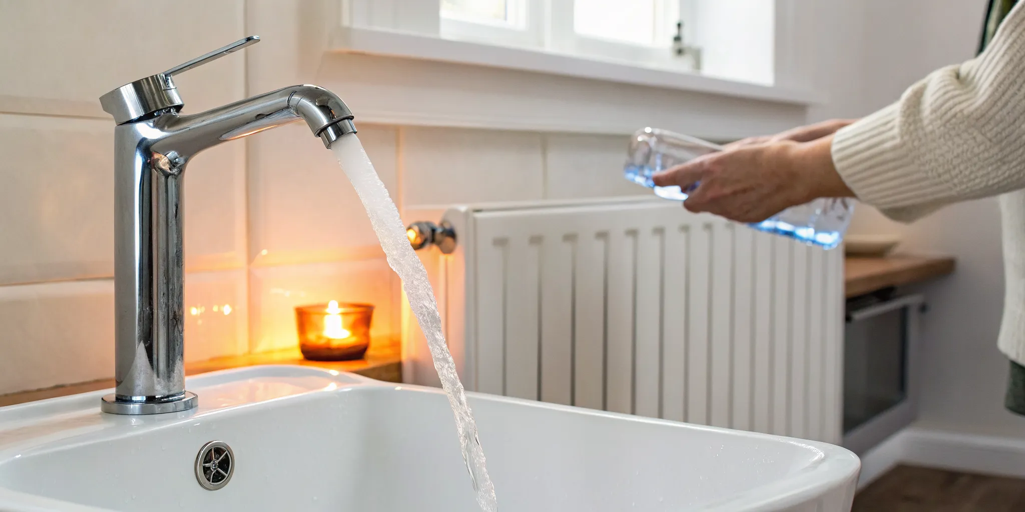 A hand under a tap, checking why there is no hot water but the heating works.