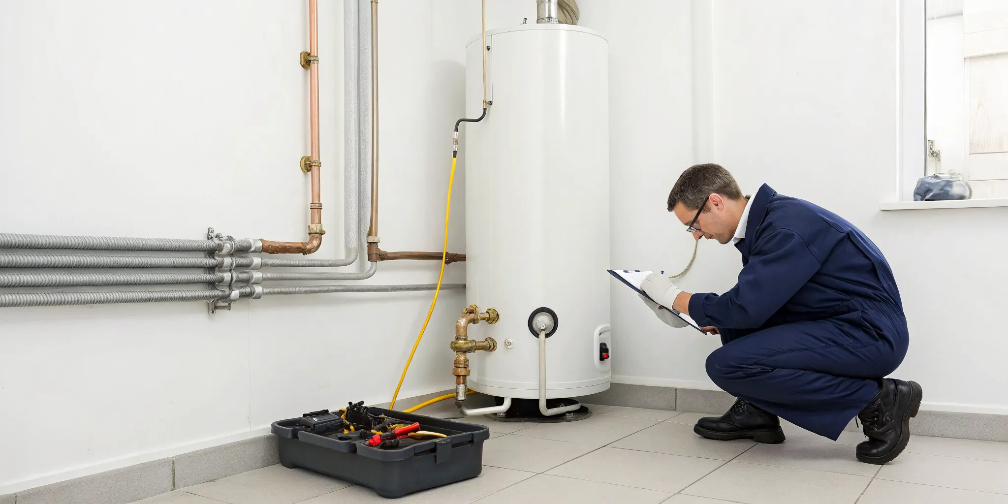 Technician determining the labor cost to install a new gas water heater.