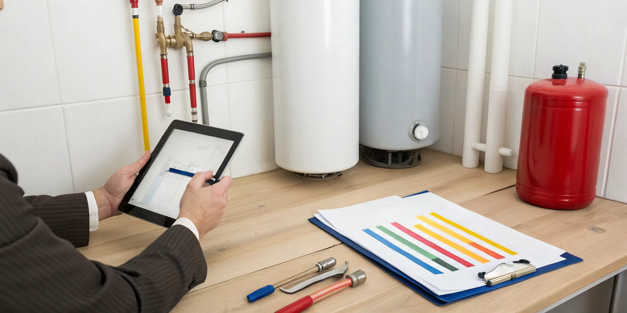 Technician calculating water heater replacement cost on a tablet beside new water heaters.