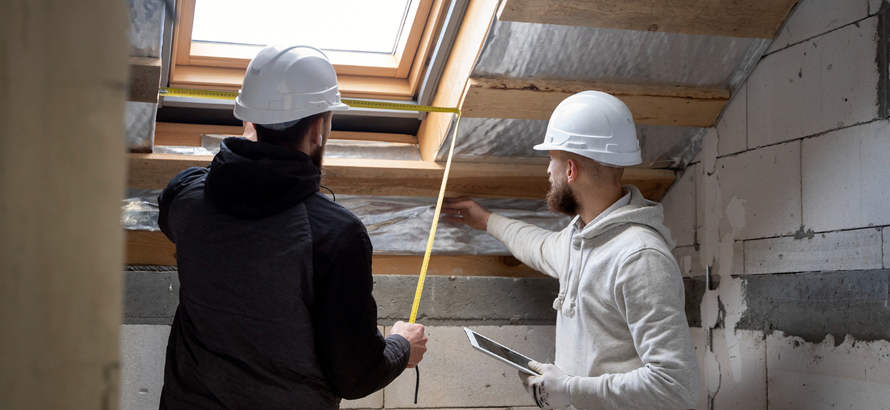 Two construction workers wearing white hard hats measuring a window in an attic under renovation, one holding a tape measure and the other a tablet.