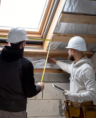 Two construction workers wearing white helmets measuring a window frame in an unfinished attic.