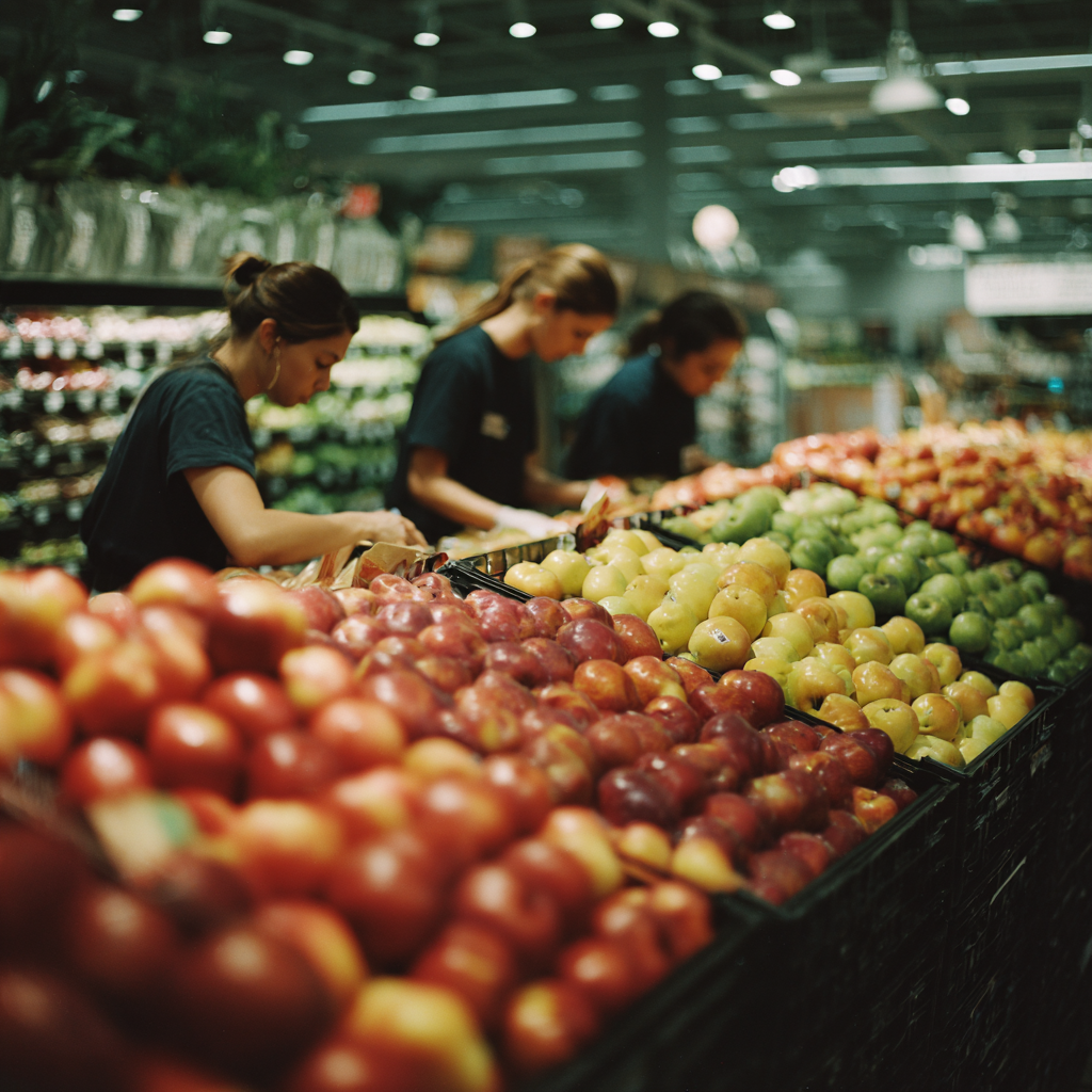 A work team stocking fruit, with competency potential