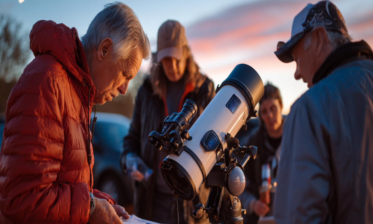 Image of a group of astronomers with telescope and star chart.