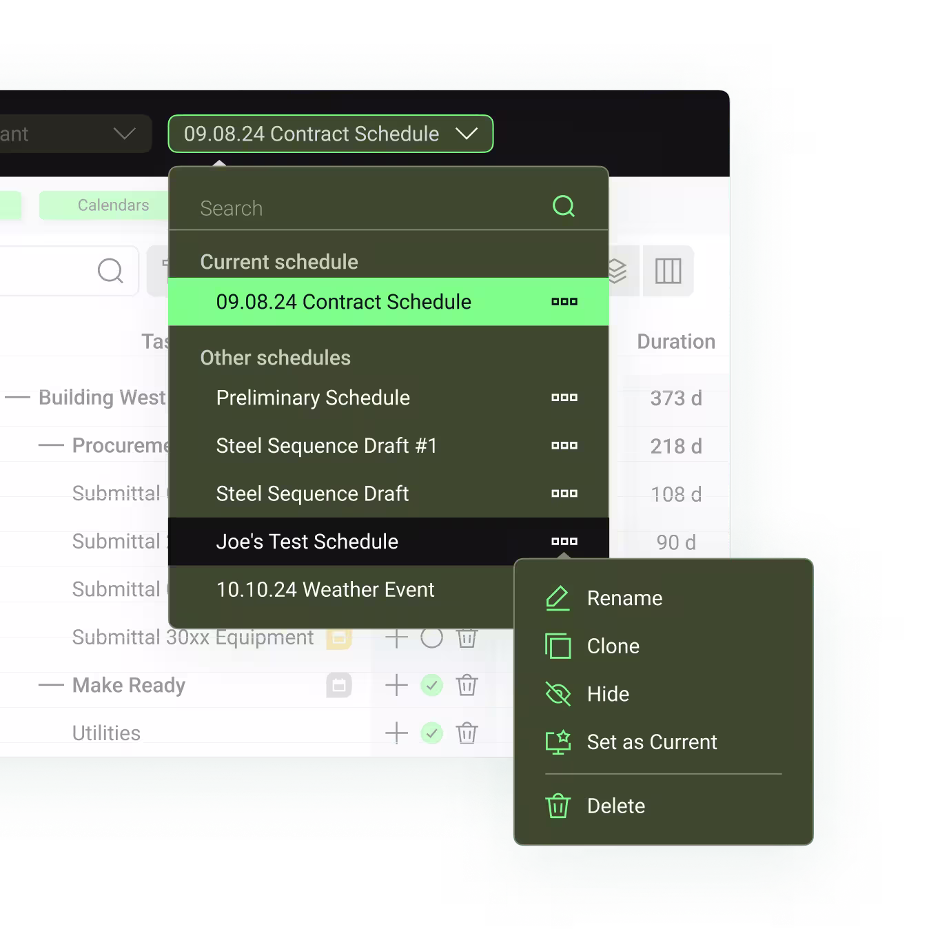 a design representation of Outbuild's multiple schedule features