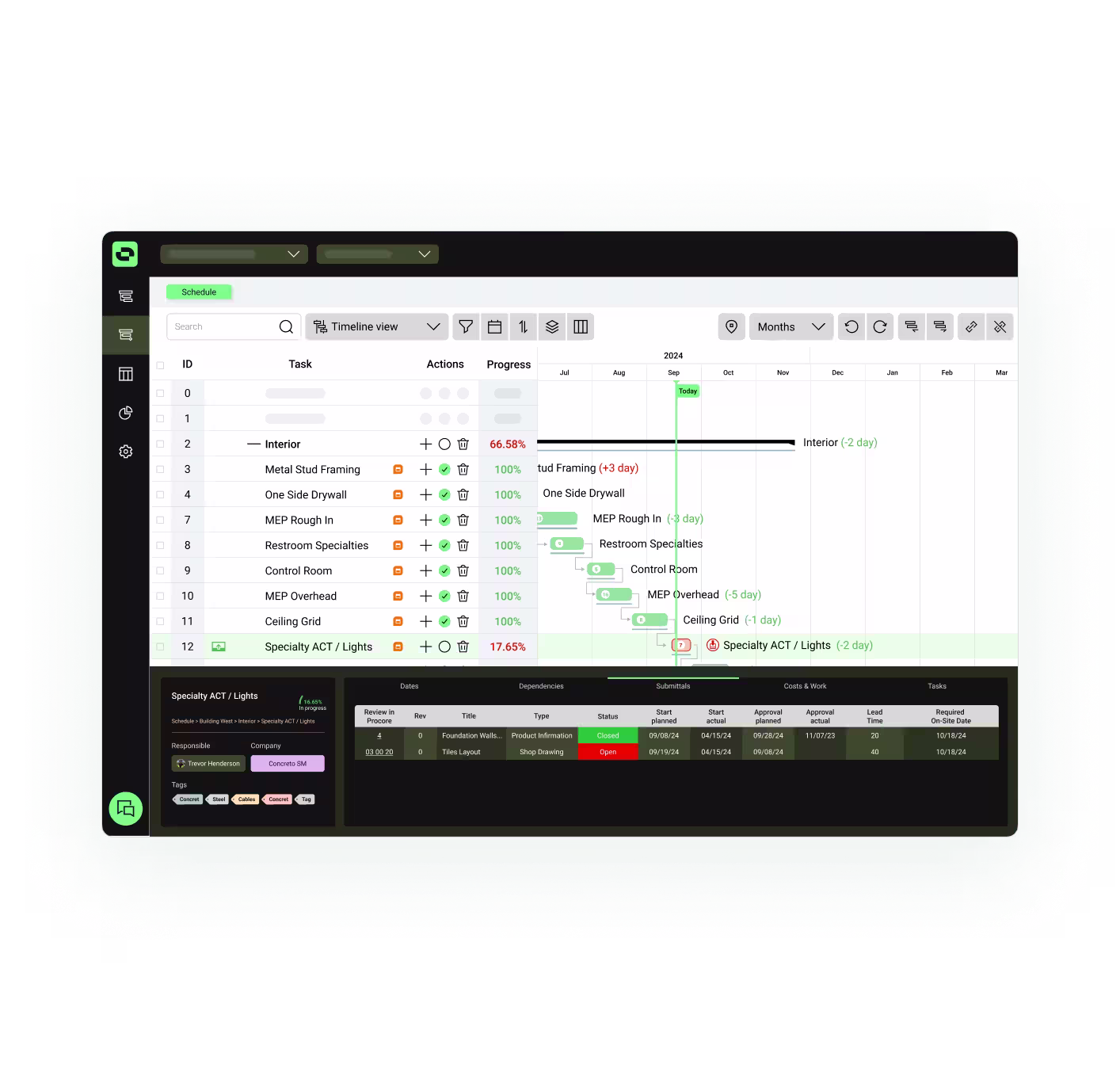 a design representation of Outbuild's schedule module and activity card feature
