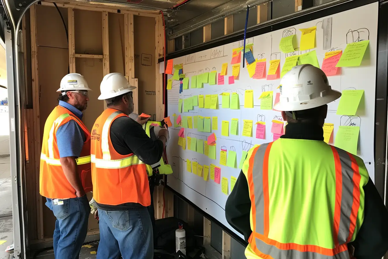 a team of construction workers working over a whiteboard