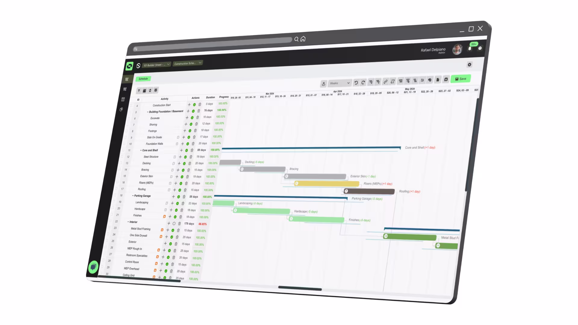 Outbuild's Gantt chart in the weekly time range view
