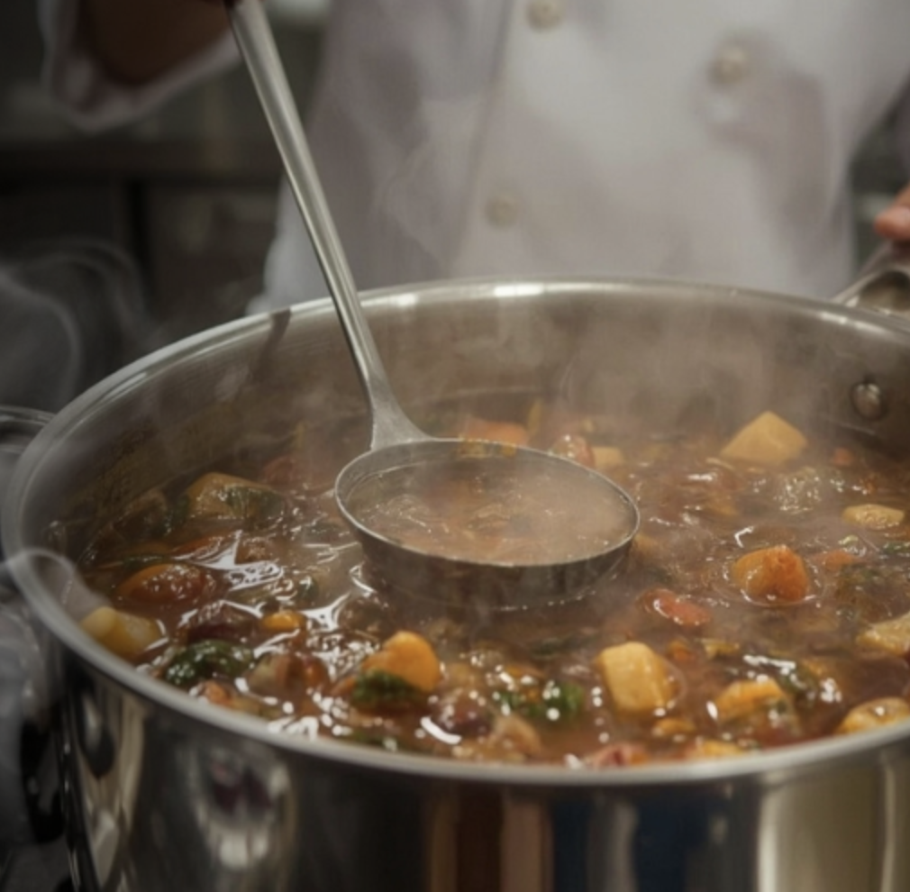 Chef stirring vegetables and broth in a large stainless steel stock pot, illustrating if a 10-quart pot is suitable for commercial kitchens.