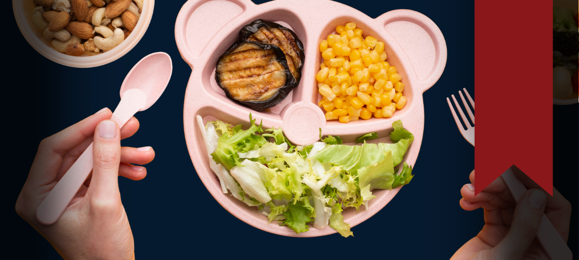 Portion control plate with vegetables, corn, and grilled eggplant, showing how smaller portions support new dining trends in restaurants.