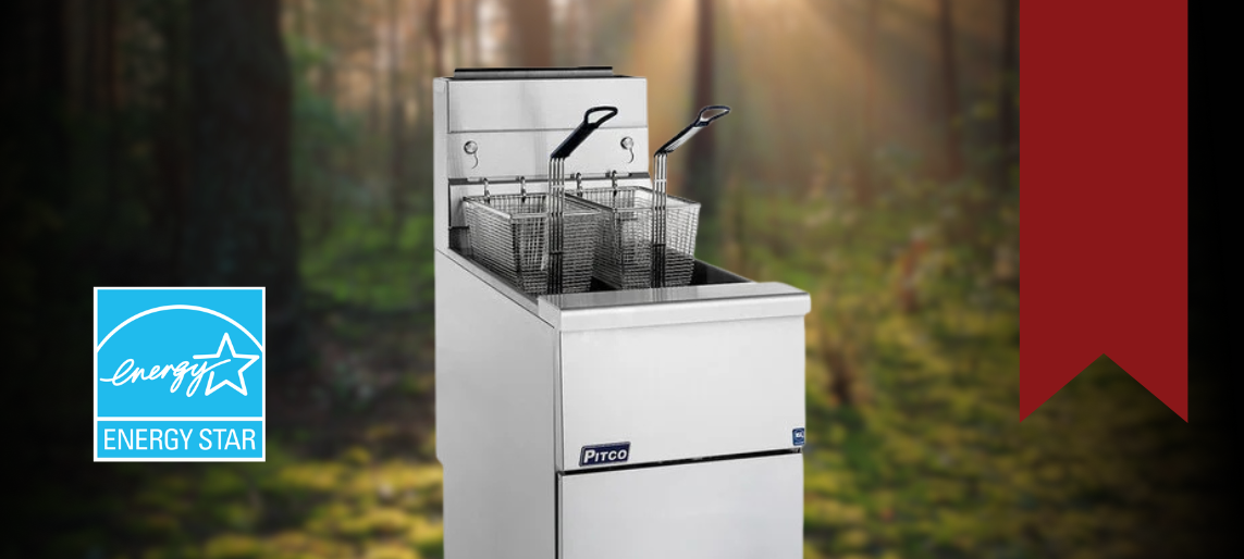 Energy Star certified commercial deep fryer in front of a forest background, representing smart kitchen equipment that reduces energy costs