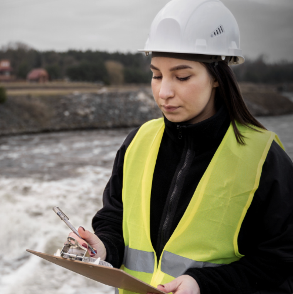 Inspector in safety vest and hard hat assessing floodwaters with clipboard, symbolizing steps to recover kitchens and resume hot meal service after flooding.