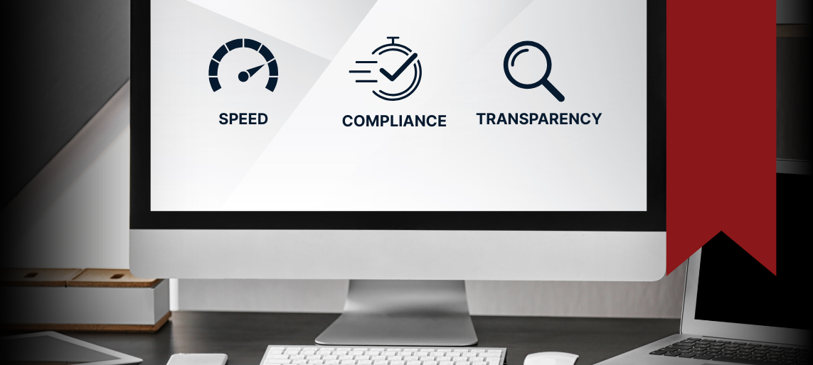 Computer screen showing icons for speed, compliance, and transparency, symbolizing how GSA eBuy and OASIS+ modernize task order procurement.