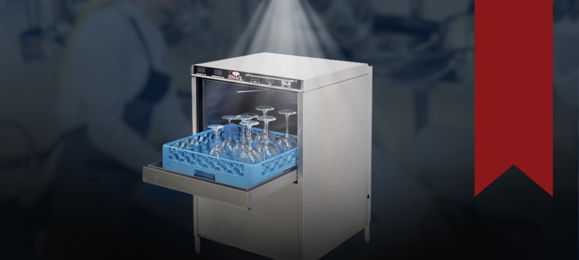 Commercial CMA ventless dishmachine with open rack of clean glassware, highlighting energy savings and lower installation costs for restaurants.