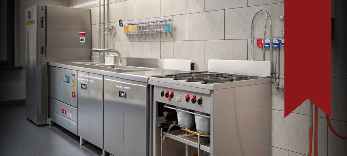 Commercial kitchen with stainless steel equipment, gas connections, and utility hookups, illustrating key utility requirements for foodservice operations.