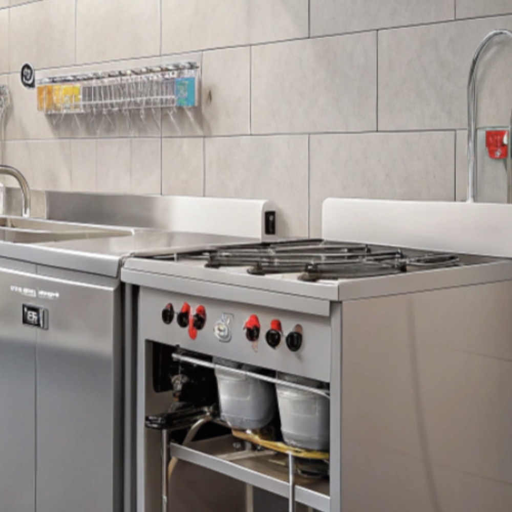Commercial kitchen with stainless steel equipment, gas connections, and utility hookups, illustrating key utility requirements for foodservice operations.