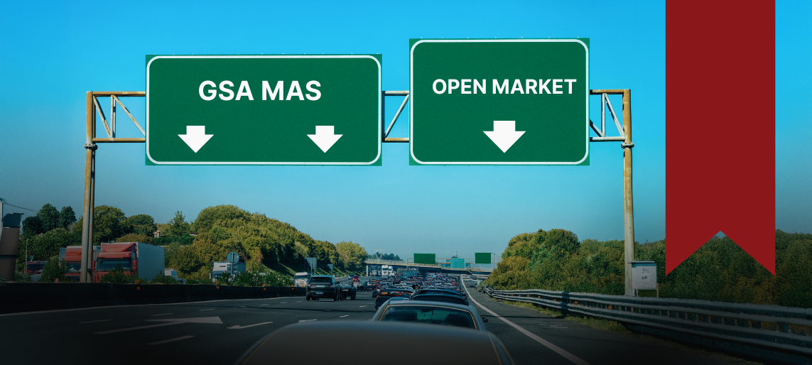 Highway signs labeled GSA MAS and Open Market over traffic, symbolizing government buyers choosing faster procurement under FAR Part 8 and Part 12 updates.