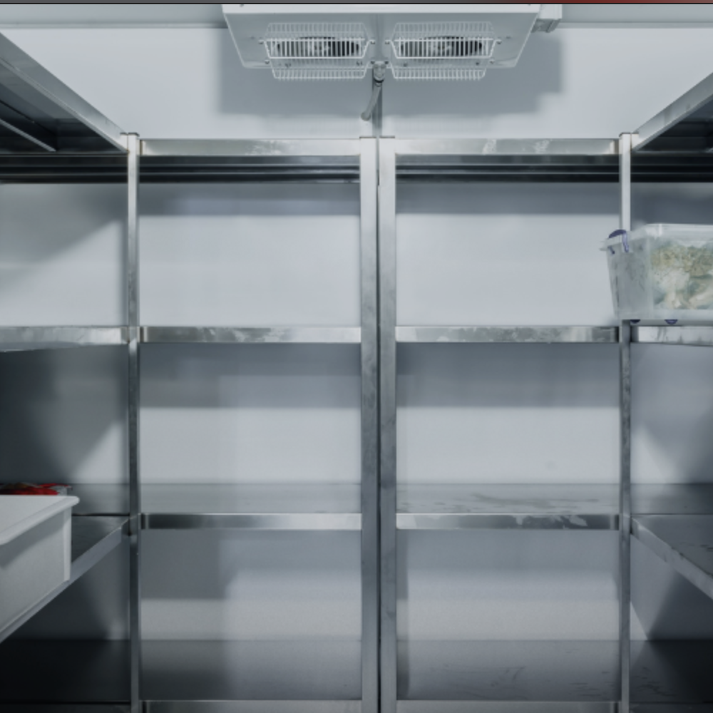 Interior view of commercial refrigerator with organized shelving.