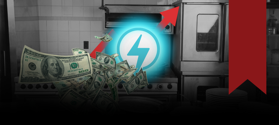 Commercial kitchen with rising electricity costs symbolized by money and power icon.