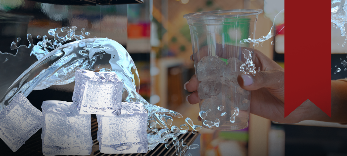 Ice cubes and water dispenser pouring into a clear plastic cup
