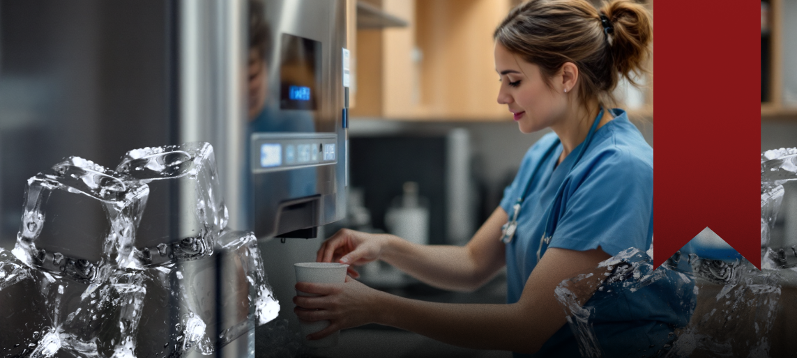 Nurse dispensing ice and water from a commercial machine in a healthcare facility