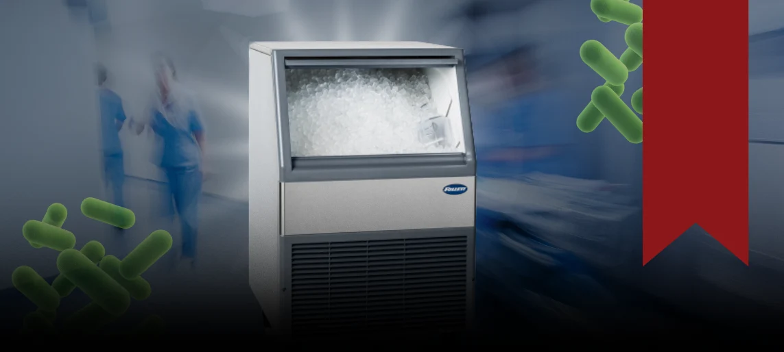 Healthcare ice machine surrounded by bacteria graphics highlighting Legionella safety concerns.