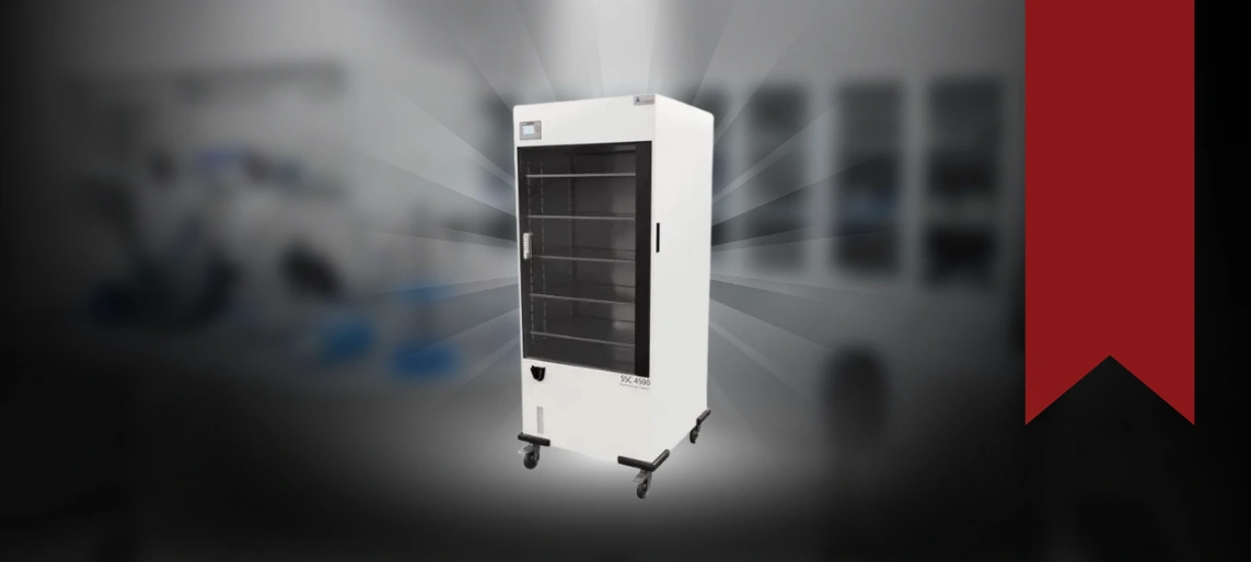 Sterile storage cabinet showcased in a healthcare environment with spotlight effect