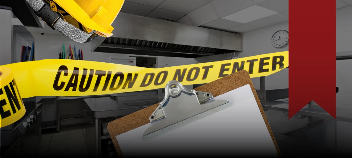 Commercial kitchen with caution tape and clipboard showing PCRA and ICRA compliance requirements for hospital kitchen equipment installation