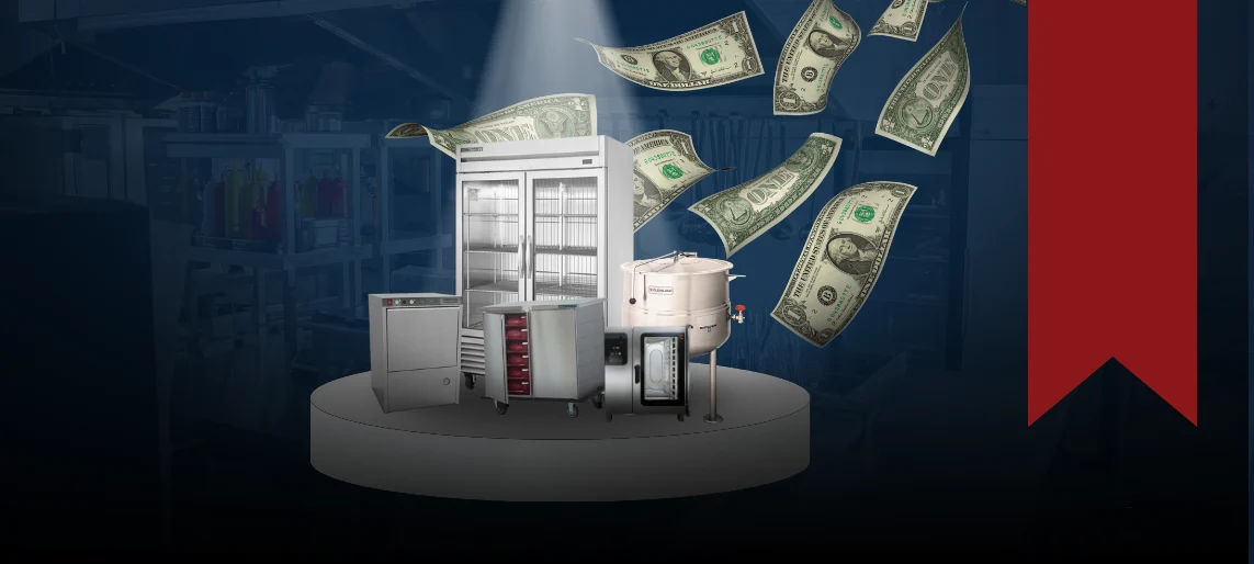 Commercial kitchen equipment on display platform with dollar bills floating around, illustrating cost-effective equipment investment strategies