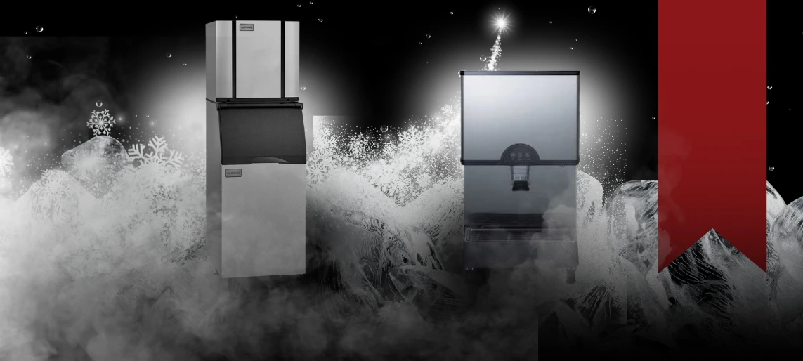 Countertop and freestanding ice machines shown side by side in a commercial setting.