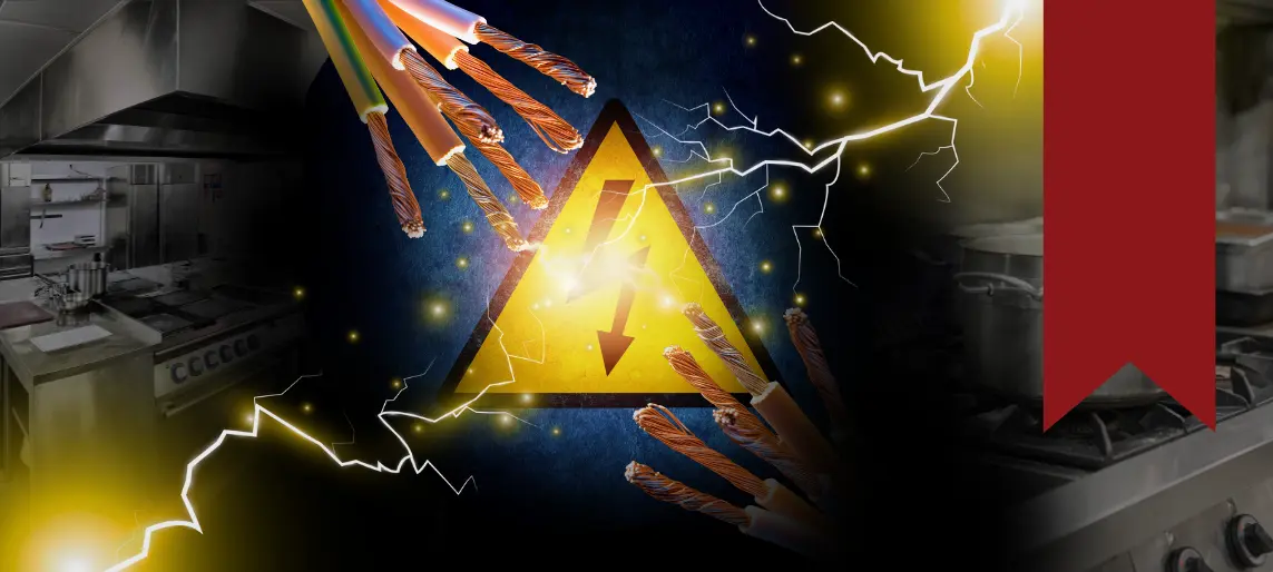 Electrical warning symbol with exposed wires illustrating power requirements in a commercial kitchen.