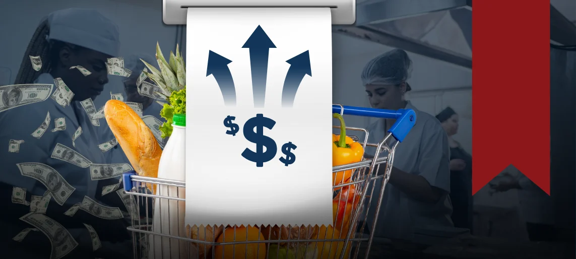 Shopping cart of food with rising cost arrows and dollar symbols illustrating food cost inflation in commercial kitchens.