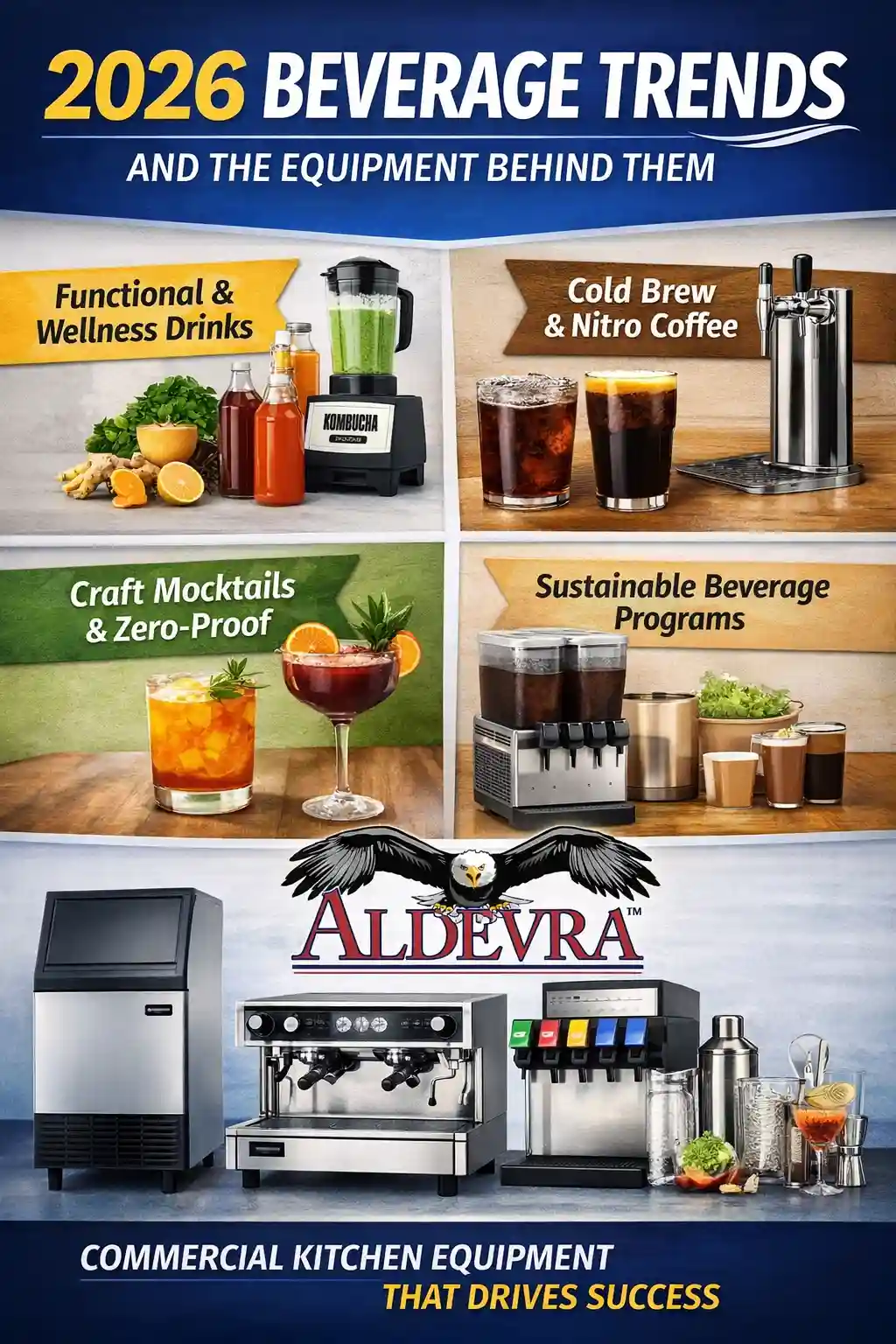 2026 beverage trends infographic highlighting wellness drinks, cold brew, mocktails, and sustainable beverage equipment.