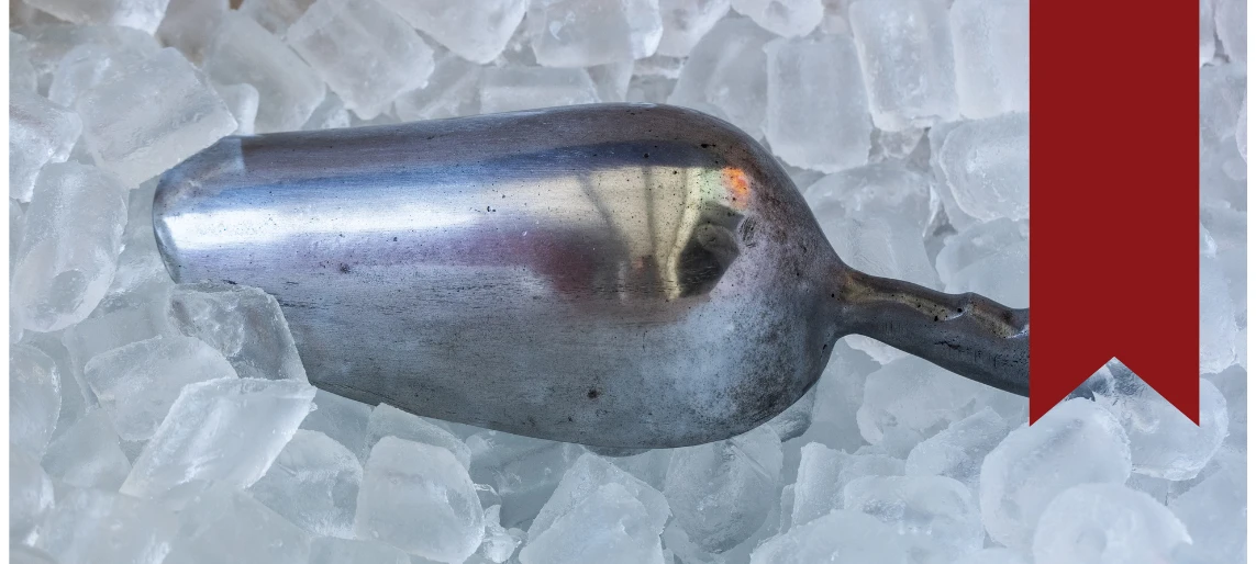 Metal ice scoop resting on a bed of clear ice cubes in an ice bin.