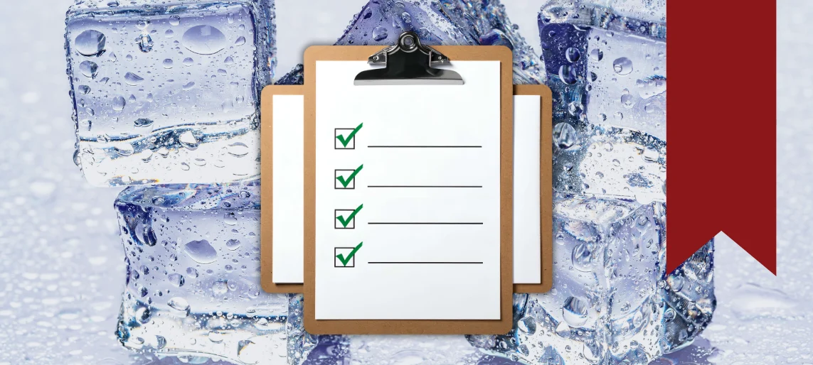 Ice cubes background with a clipboard checklist representing ice machine utility readiness
