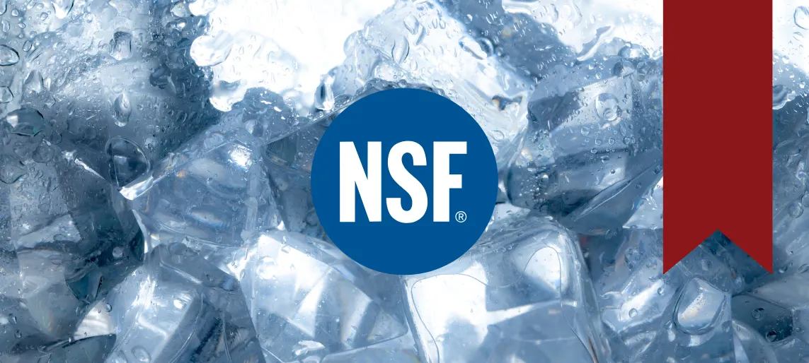 NSF certification logo over clear ice cubes representing food safety and compliance standards.