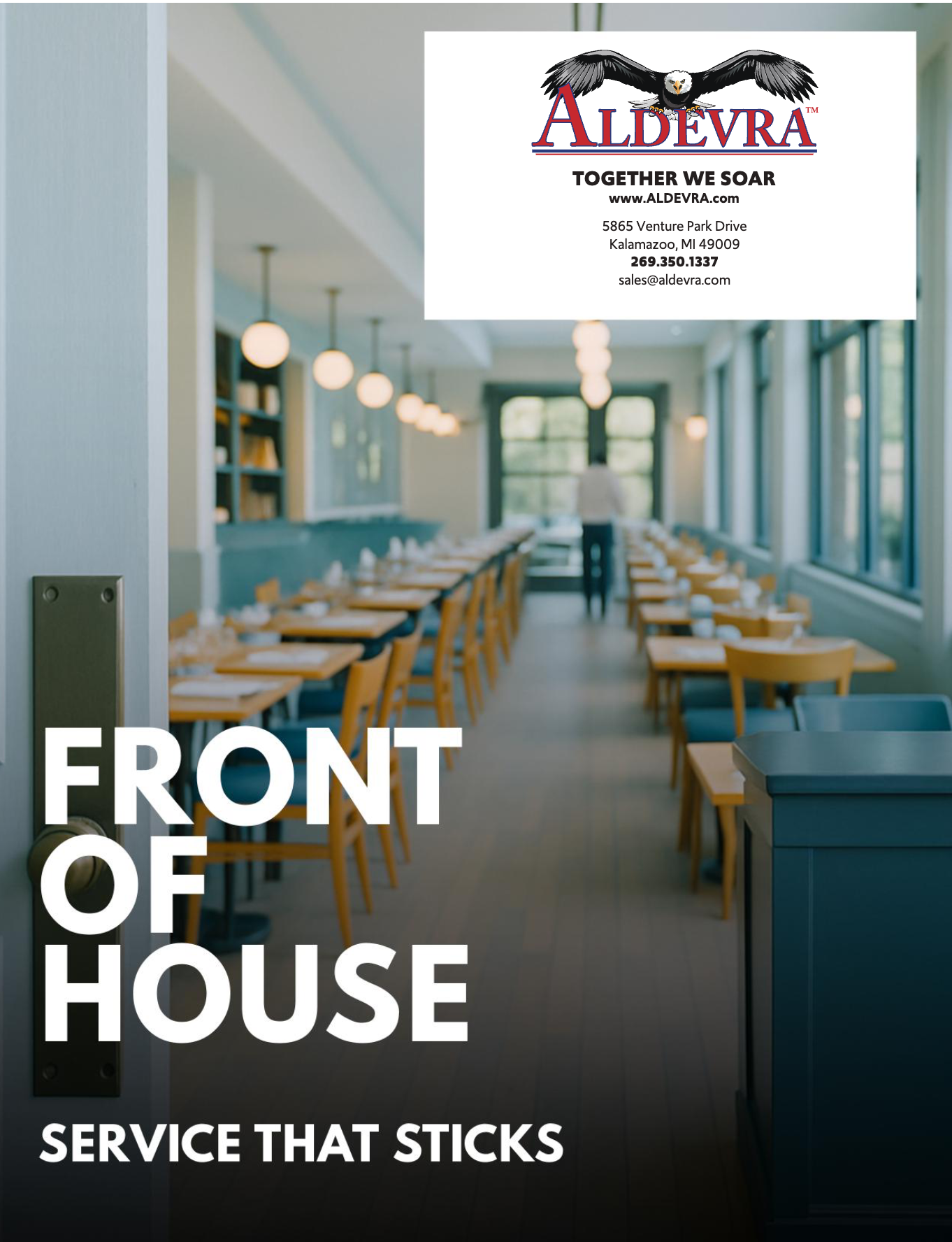 Front-of-house restaurant dining area with neatly set tables and chairs, featuring Aldevra branding and the text “Front of House – Service That Sticks.”