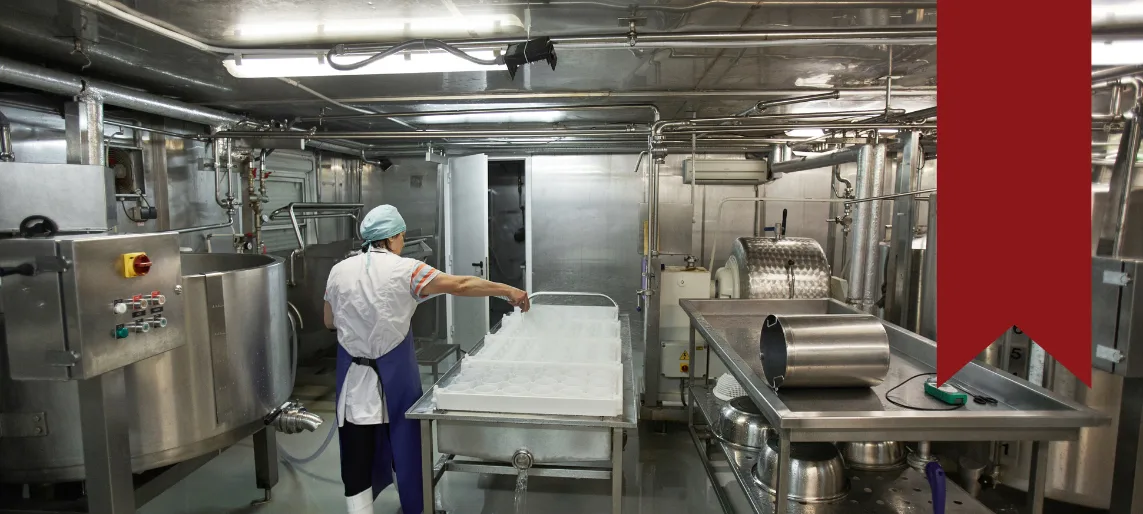 Food processing facility with stainless steel production equipment and staff member following sanitation procedures, supporting safe, compliant operations with Aldevra.