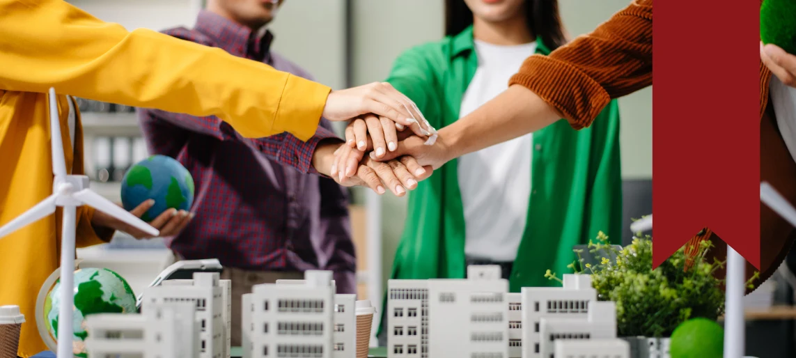 Community members collaborating on a shared facility project, representing cooperative kitchen spaces and local business partnerships.
