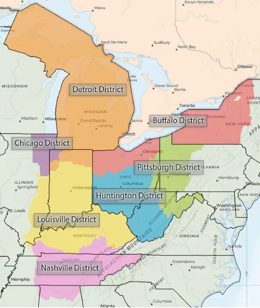Map of VA medical center districts including Detroit, Buffalo, Pittsburgh, Huntington, Louisville, Nashville, and Chicago regions.