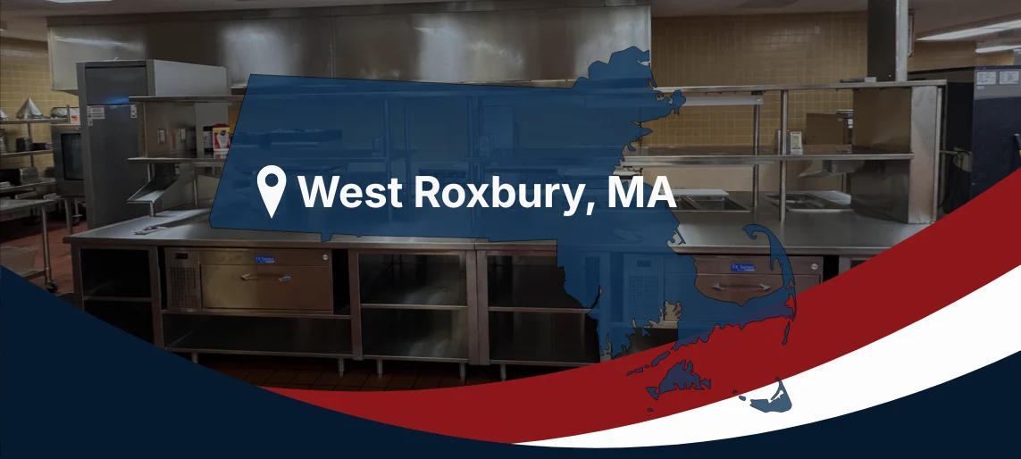 Commercial kitchen interior with text overlay reading “West Roxbury, MA.”