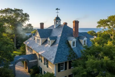 Elegant mansion with a slate roof near the coast in Lexington, MA.
