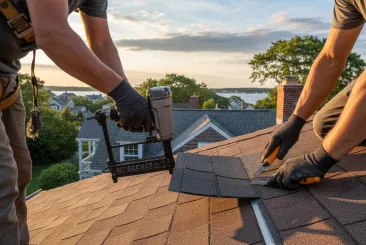 Roofing contractors working on a shingle roof in Lexington, MA.