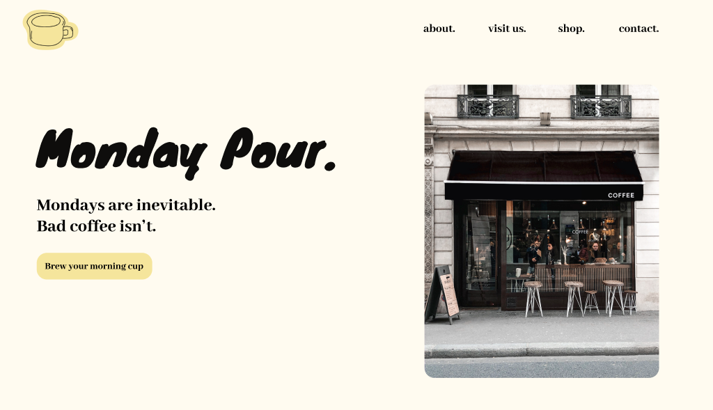 hero section of a coffee shop website with a photo of a store front and yellow accents