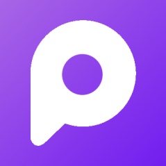 White letter P shaped chat bubble icon on a purple gradient background.
